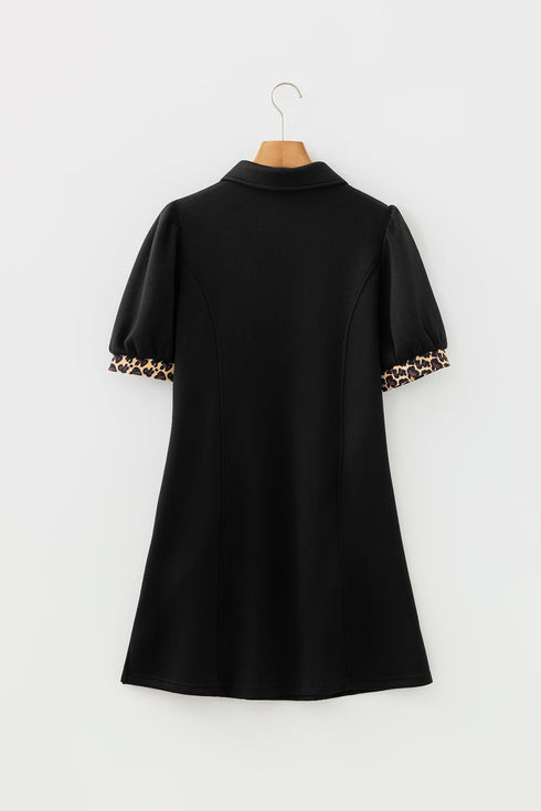 Leopard Print Patchwork Zip Collared Puff Sleeve Mini Dress