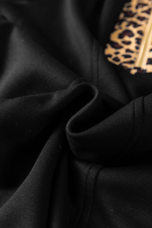 Leopard Print Patchwork Zip Collared Puff Sleeve Mini Dress