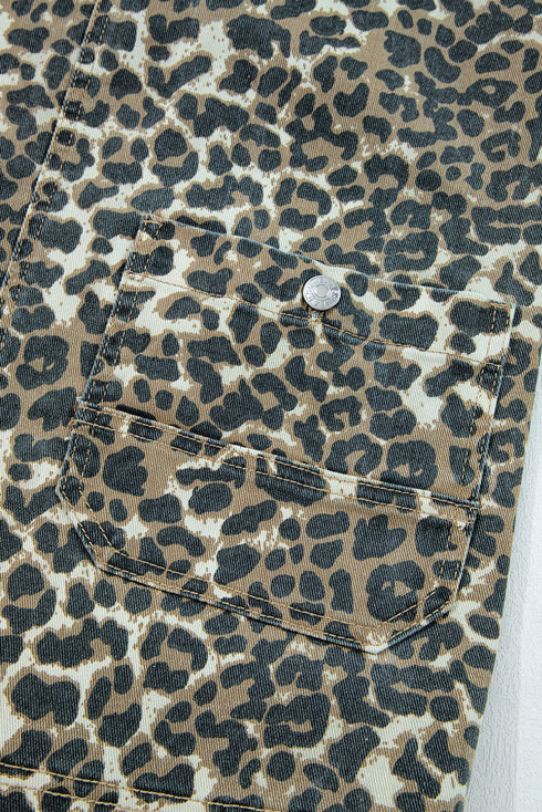 Leopard Print Pocketed Western Denim Overall Mini Dress