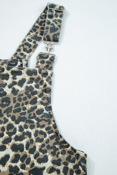 Leopard Print Pocketed Western Denim Overall Mini Dress