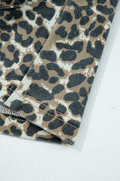 Leopard Print Pocketed Western Denim Overall Mini Dress