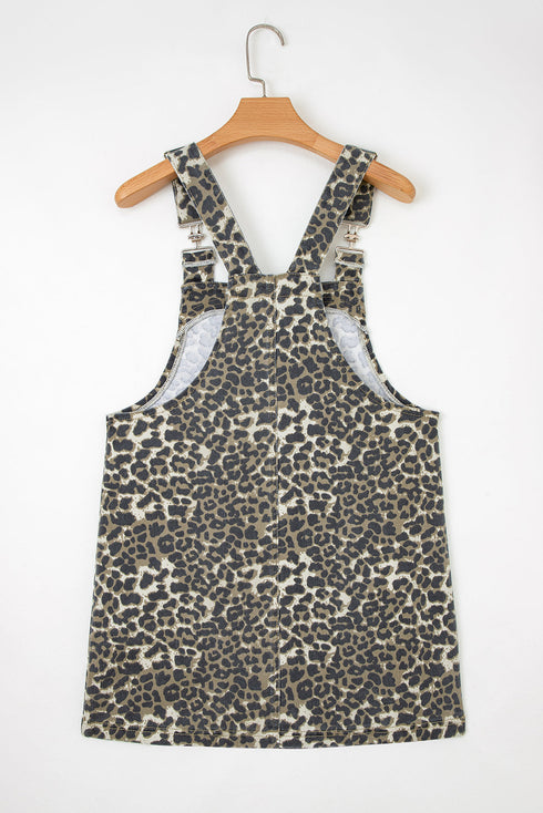 Leopard Print Pocketed Western Denim Overall Mini Dress