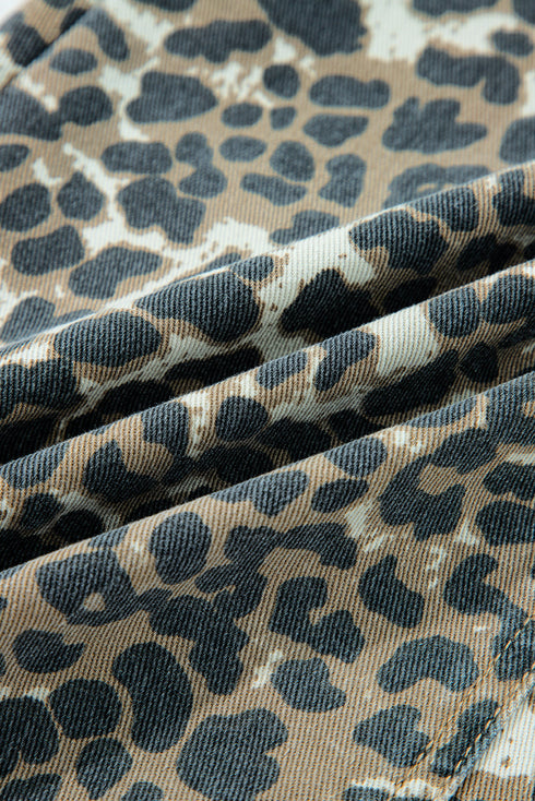 Leopard Print Pocketed Western Denim Overall Mini Dress