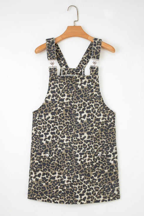 Leopard Print Pocketed Western Denim Overall Mini Dress