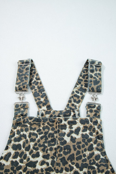 Leopard Print Pocketed Western Denim Overall Mini Dress
