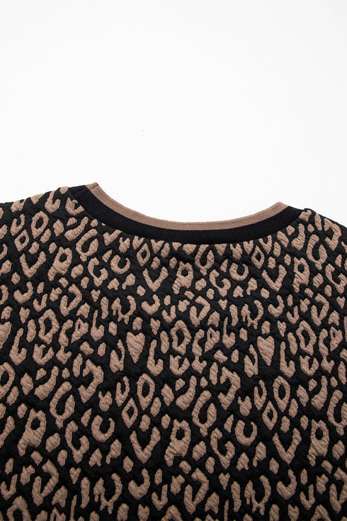Leopard Print Puffy Bracelet Sleeve Round Neck Top
