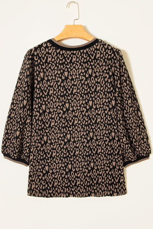 Leopard Print Puffy Bracelet Sleeve Round Neck Top