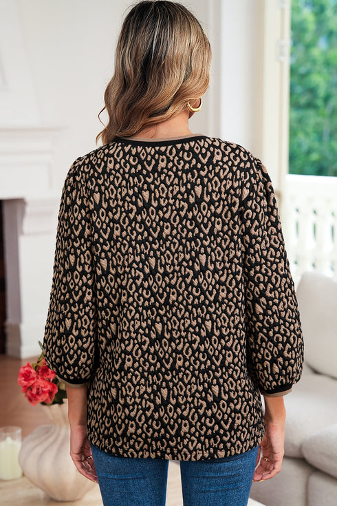 Leopard Print Puffy Bracelet Sleeve Round Neck Top
