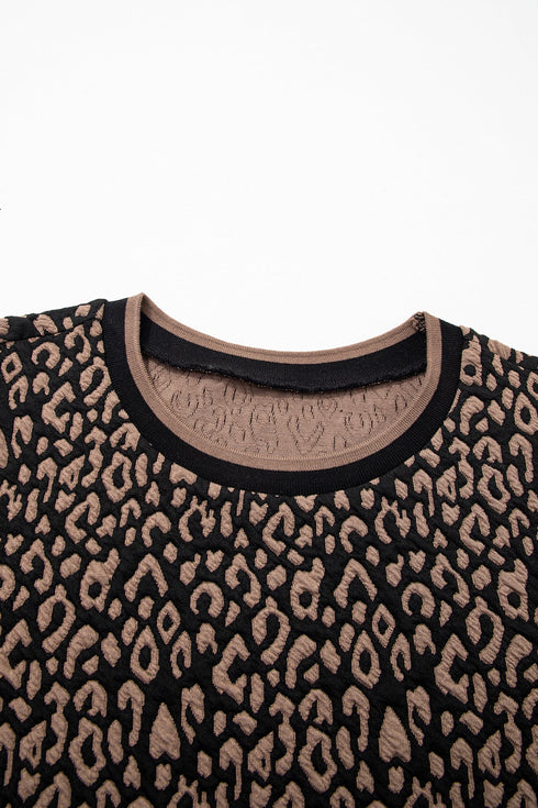 Leopard Print Puffy Bracelet Sleeve Round Neck Top