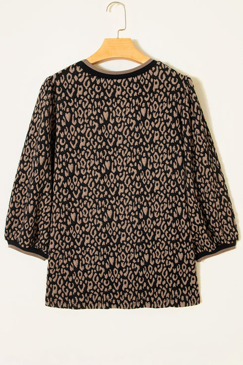 Leopard Print Puffy Bracelet Sleeve Round Neck Top