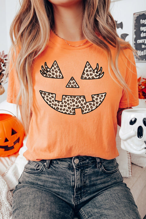 Leopard Print Pumpkin Face Round Neck Tee