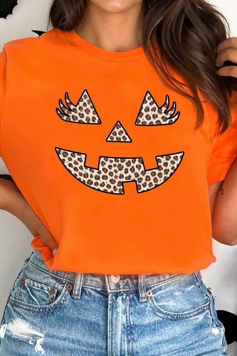Leopard Print Pumpkin Face Round Neck Tee