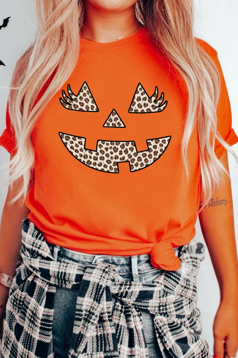 Leopard Print Pumpkin Face Round Neck Tee