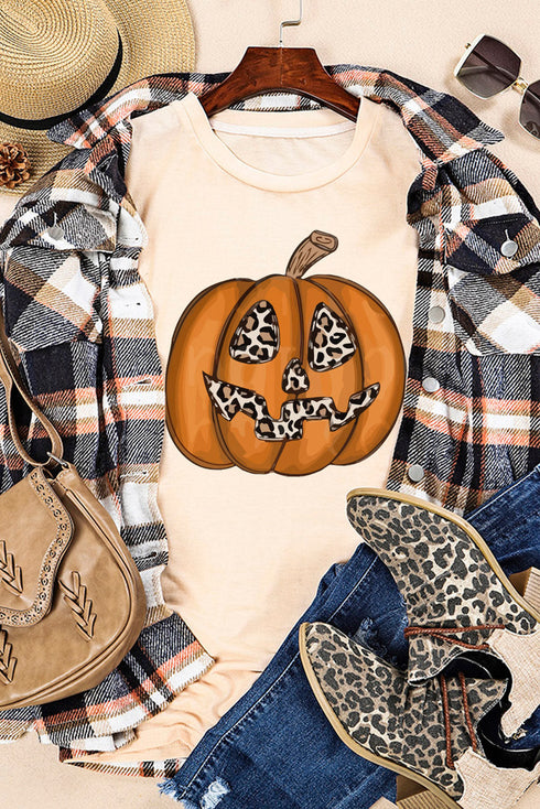 Leopard Print Pumpkin Graphic Crew Neck Short Sleeve Tee