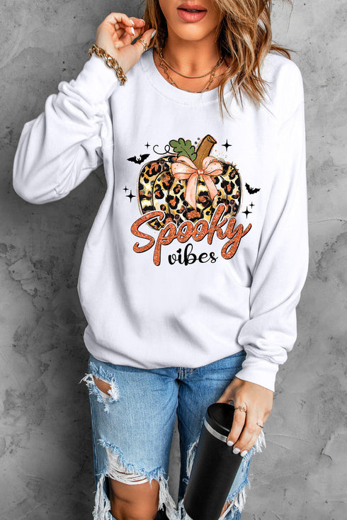Leopard Print Pumpkin Graphic Crew Neck Sweatshirt