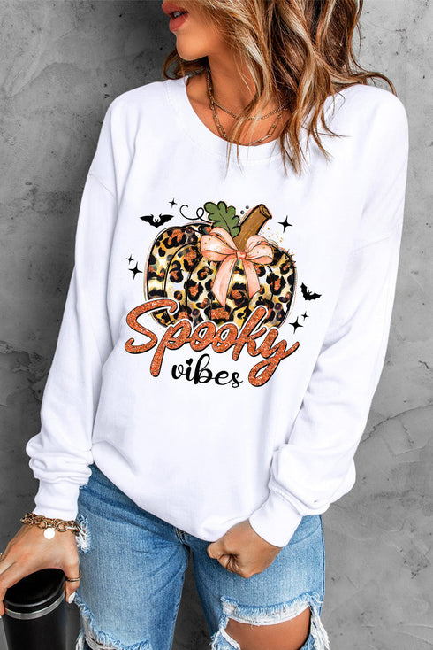 Leopard Print Pumpkin Graphic Crew Neck Sweatshirt
