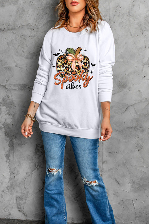 Leopard Print Pumpkin Graphic Crew Neck Sweatshirt