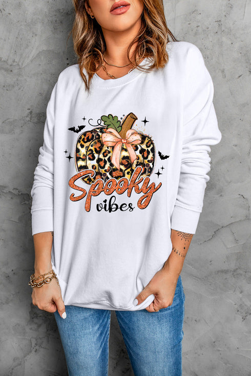 Leopard Print Pumpkin Graphic Crew Neck Sweatshirt