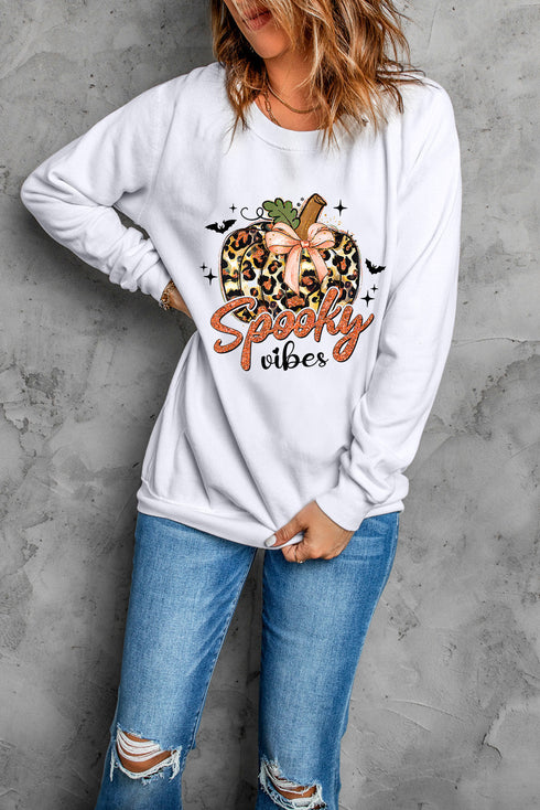 Leopard Print Pumpkin Graphic Crew Neck Sweatshirt