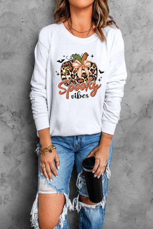 Leopard Print Pumpkin Graphic Crew Neck Sweatshirt