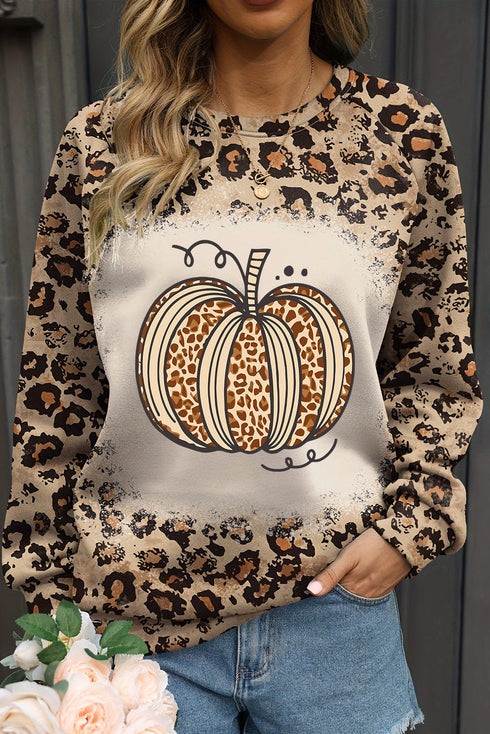 Leopard Print Pumpkin Graphic Long Sleeve Top