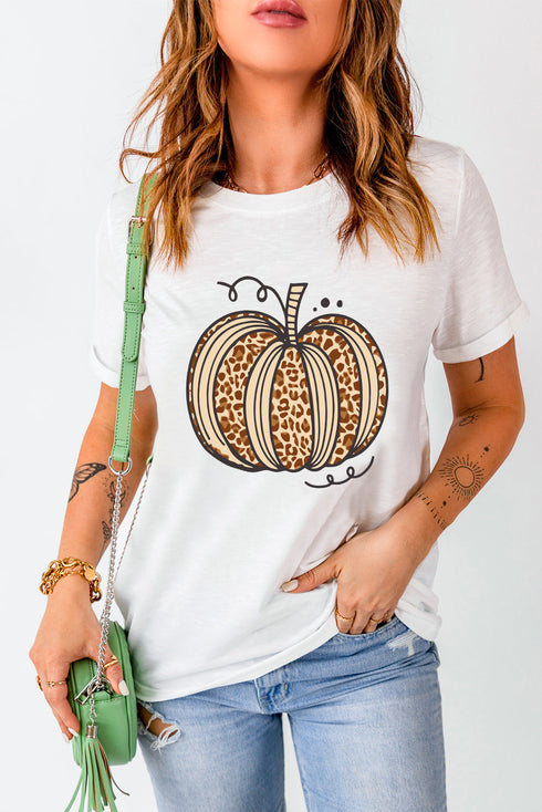 Leopard Print Pumpkin Graphic Short Sleeve Crew Neck Shirt