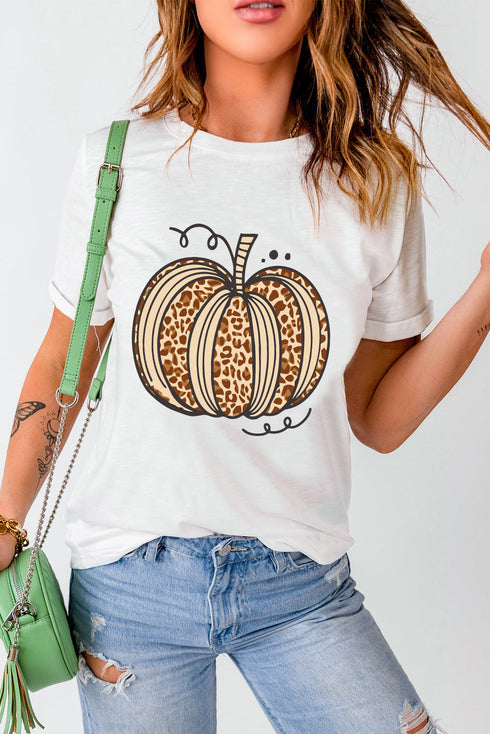 Leopard Print Pumpkin Graphic Short Sleeve Crew Neck Shirt