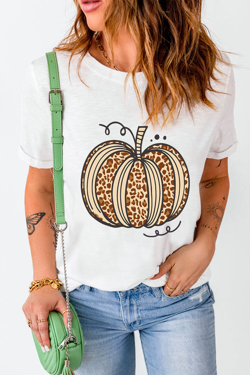 Leopard Print Pumpkin Graphic Short Sleeve Crew Neck Shirt