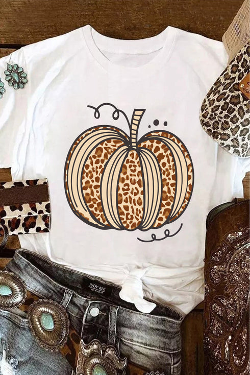 Leopard Print Pumpkin Graphic Short Sleeve Crew Neck Shirt