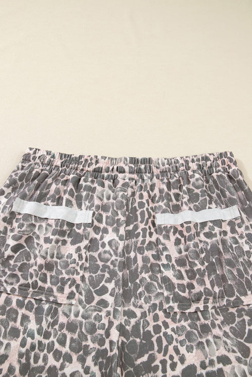 Leopard Print Raw Edge Drawstring Wide Leg Pants