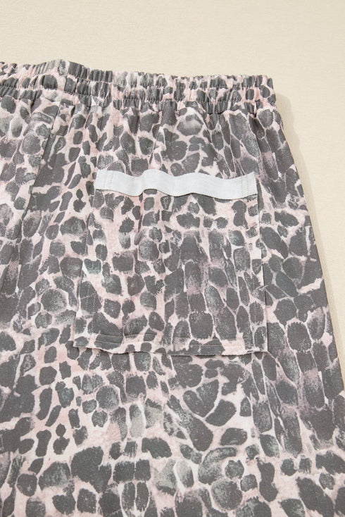 Leopard Print Raw Edge Drawstring Wide Leg Pants