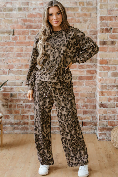 Leopard Print Raw Seam Patchwork Wide Leg Pant Set