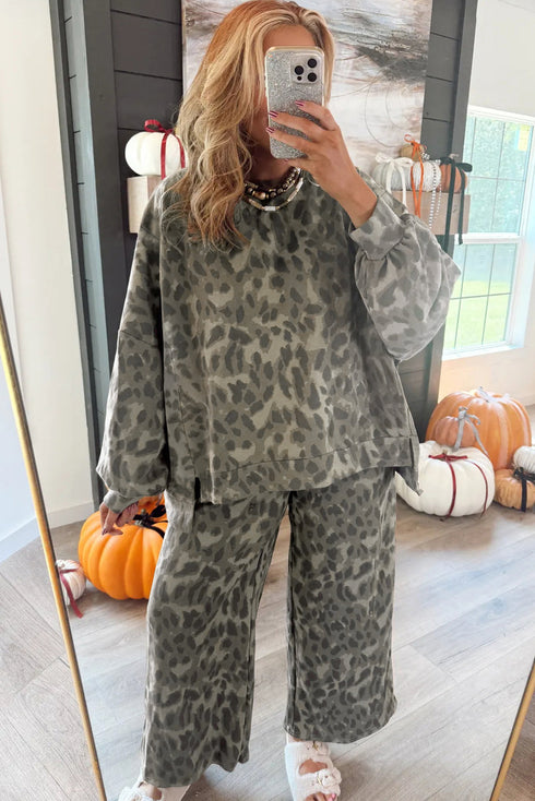 Leopard Print Raw Seam Patchwork Wide Leg Pant Set