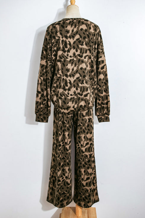 Leopard Print Raw Seam Patchwork Wide Leg Pant Set