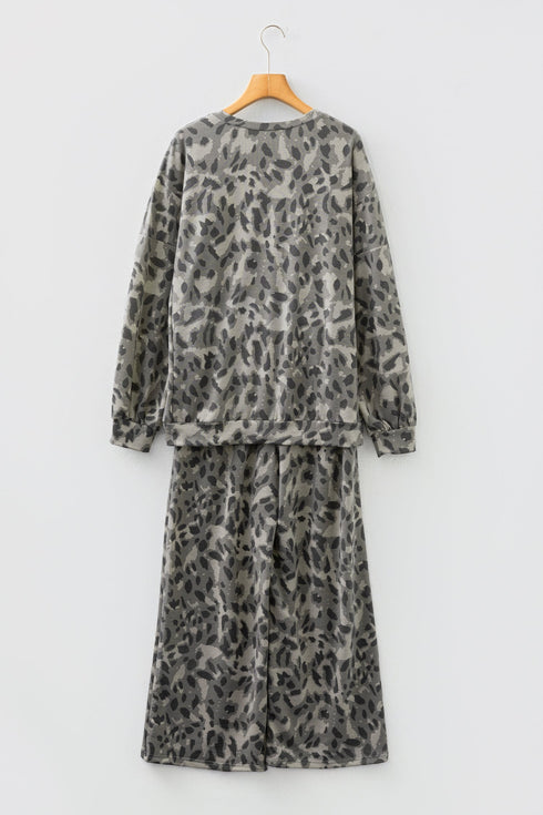 Leopard Print Raw Seam Patchwork Wide Leg Pant Set