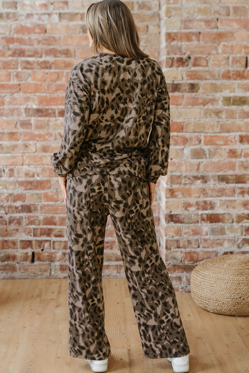 Leopard Print Raw Seam Patchwork Wide Leg Pant Set