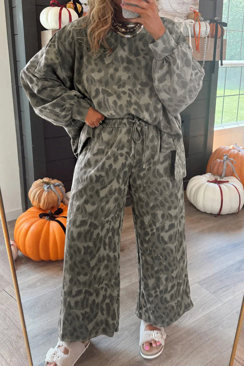 Leopard Print Raw Seam Patchwork Wide Leg Pant Set