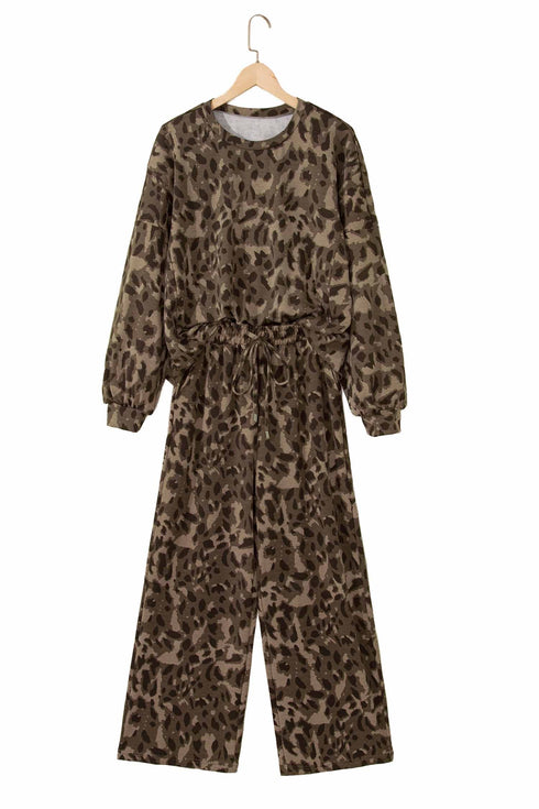 Leopard Print Raw Seam Patchwork Wide Leg Pant Set