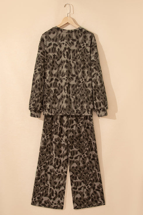 Leopard Print Raw Seam Patchwork Wide Leg Pant Set