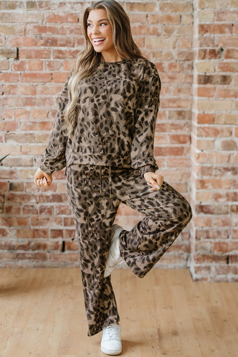 Leopard Print Raw Seam Patchwork Wide Leg Pant Set