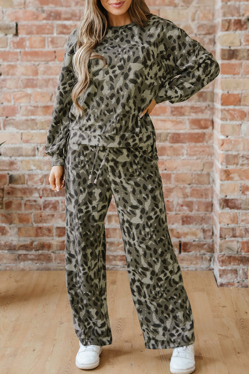 Leopard Print Raw Seam Patchwork Wide Leg Pant Set