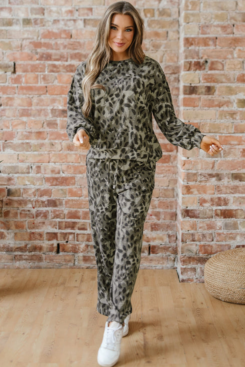 Leopard Print Raw Seam Patchwork Wide Leg Pant Set