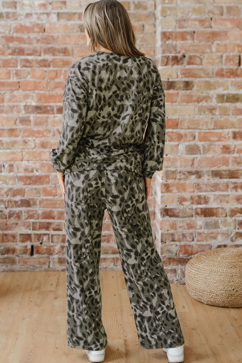 Leopard Print Raw Seam Patchwork Wide Leg Pant Set