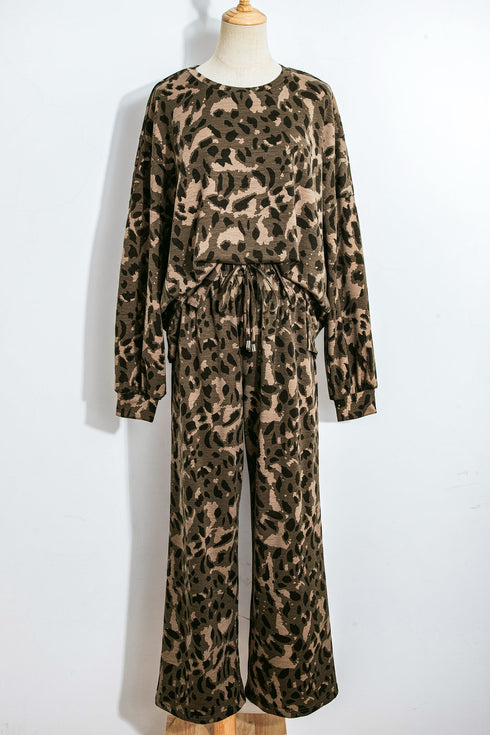 Leopard Print Raw Seam Patchwork Wide Leg Pant Set
