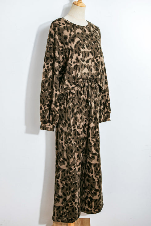 Leopard Print Raw Seam Patchwork Wide Leg Pant Set