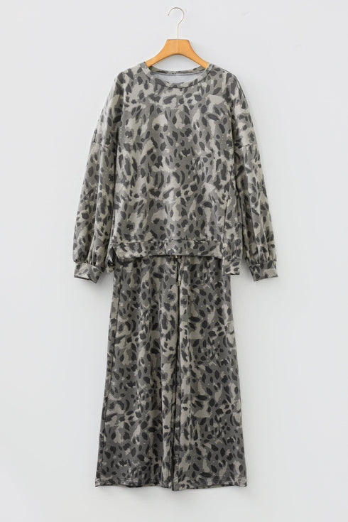 Leopard Print Raw Seam Patchwork Wide Leg Pant Set