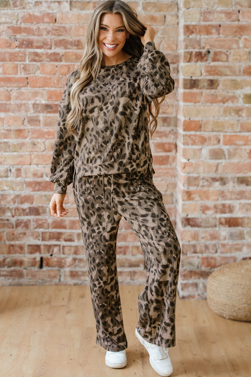 Leopard Print Raw Seam Patchwork Wide Leg Pant Set