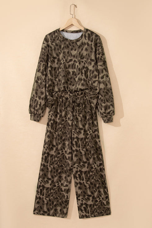 Leopard Print Raw Seam Patchwork Wide Leg Pant Set