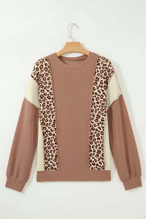 Leopard Print Ribbed Knit Corded Long Sleeve Top