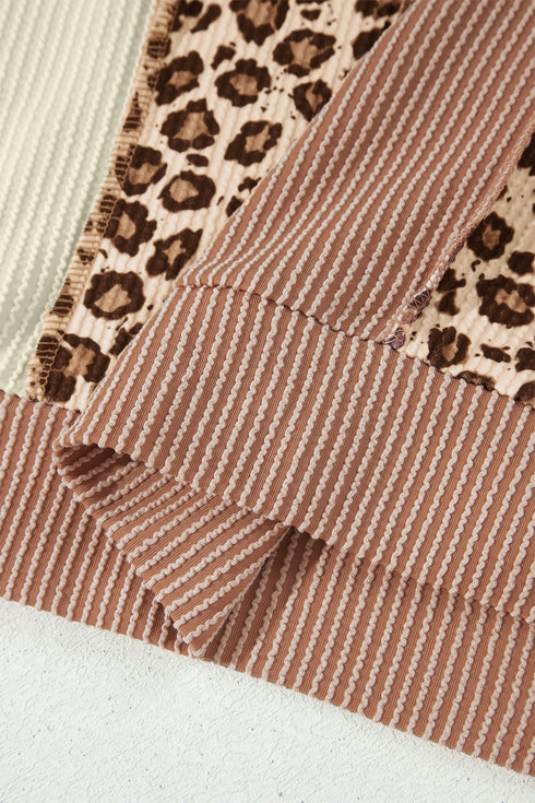 Leopard Print Ribbed Knit Corded Long Sleeve Top